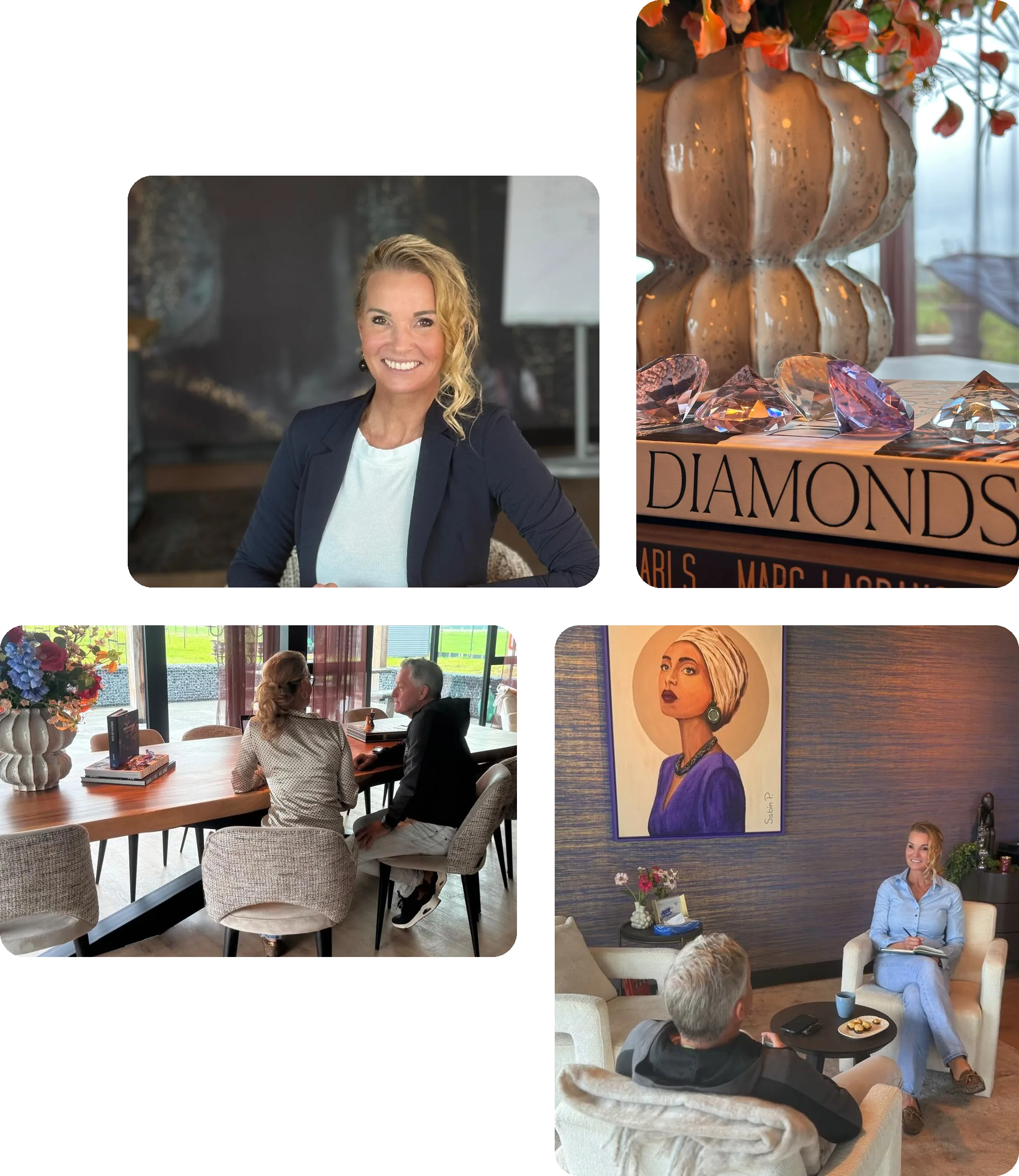Petra van de Laarschot aan haar bureau, het boek Diamonds, en coachgesprekken aan tafel en in de lounge van haar kantoor